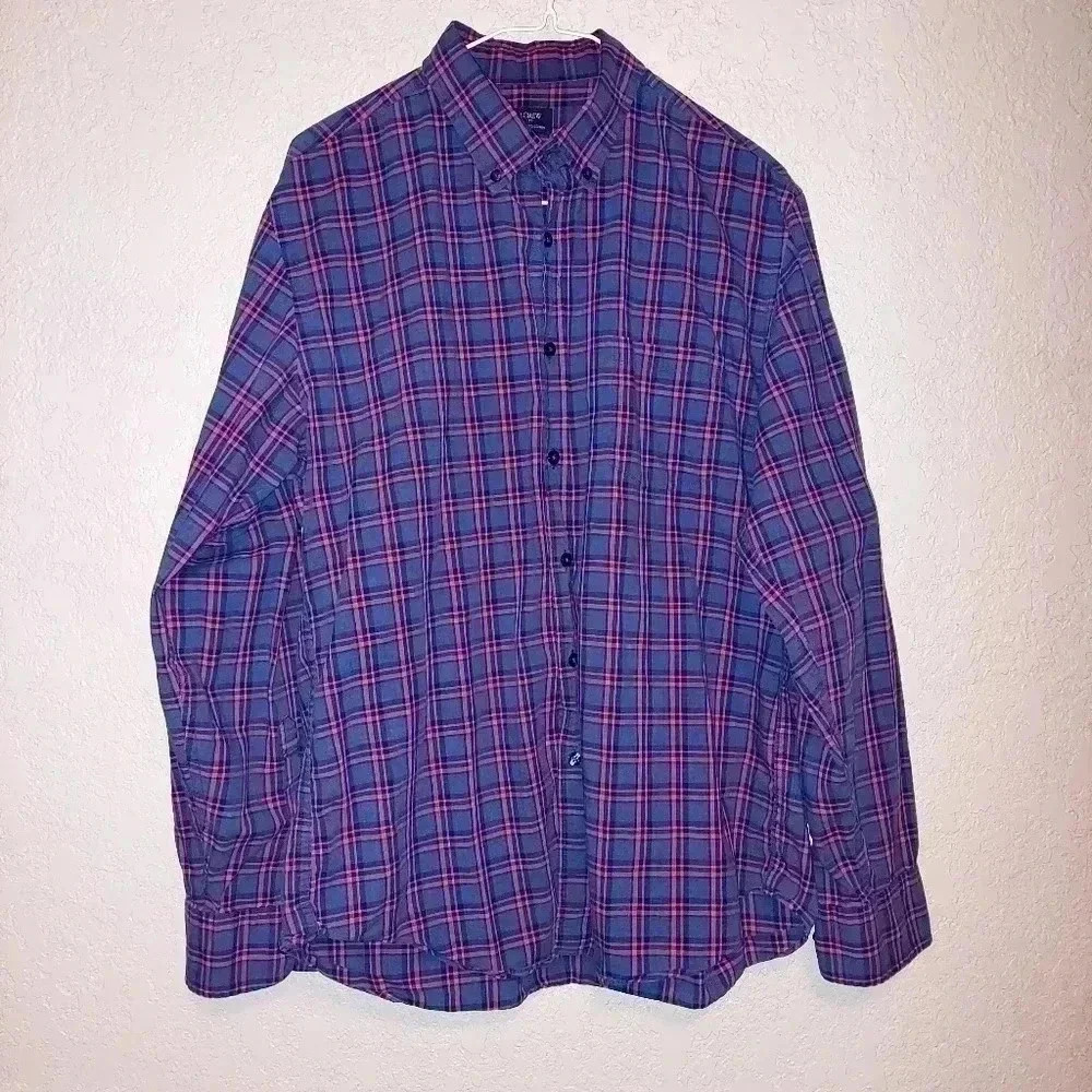 Men's J.CREW PLAID HEATHERED COTTON BUTTON DOWN Blue and pink plaid Size Large